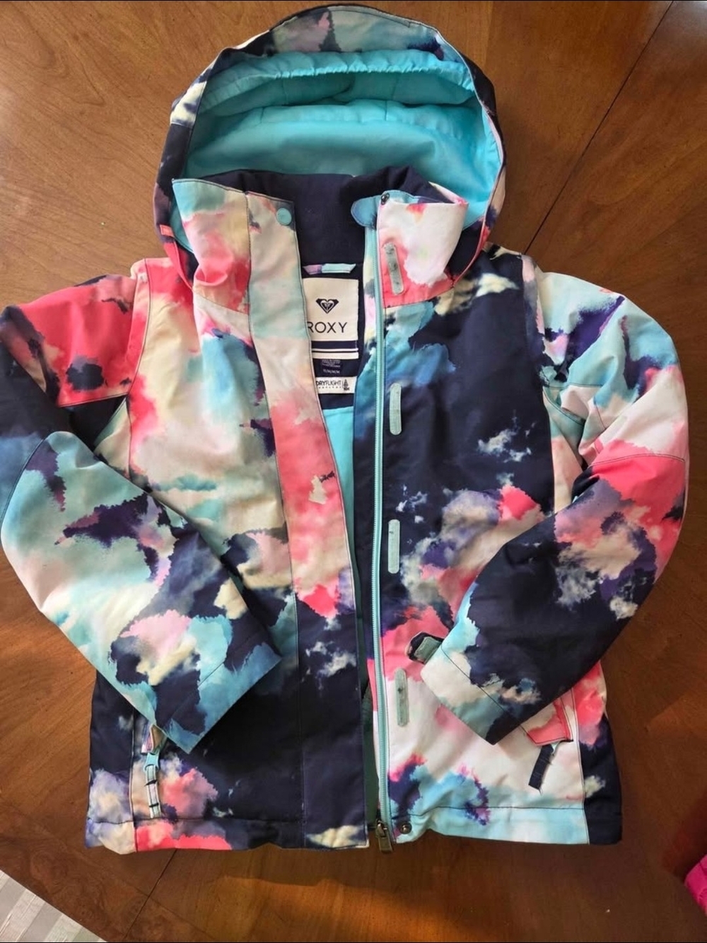 Roxy Girls' Multicolor Cloud-Print Hooded Raincoat — Teal, Navy, Pink
